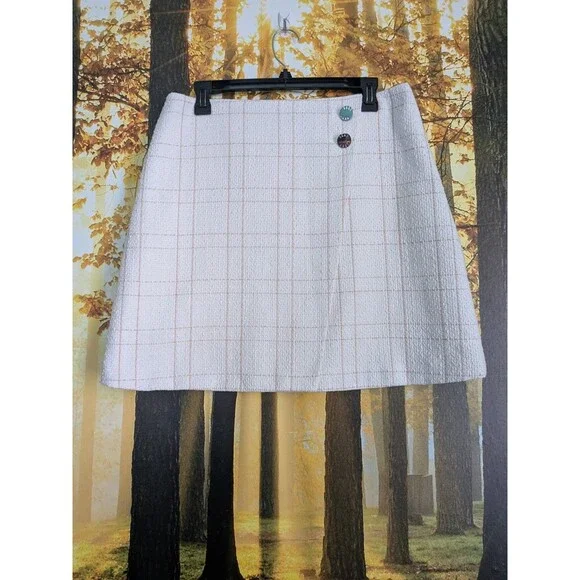 DKNY Mini Skirt Women's 10 Beige White Plaid Tweed Textured Lined Asymmetrical - Picture 2 of 14